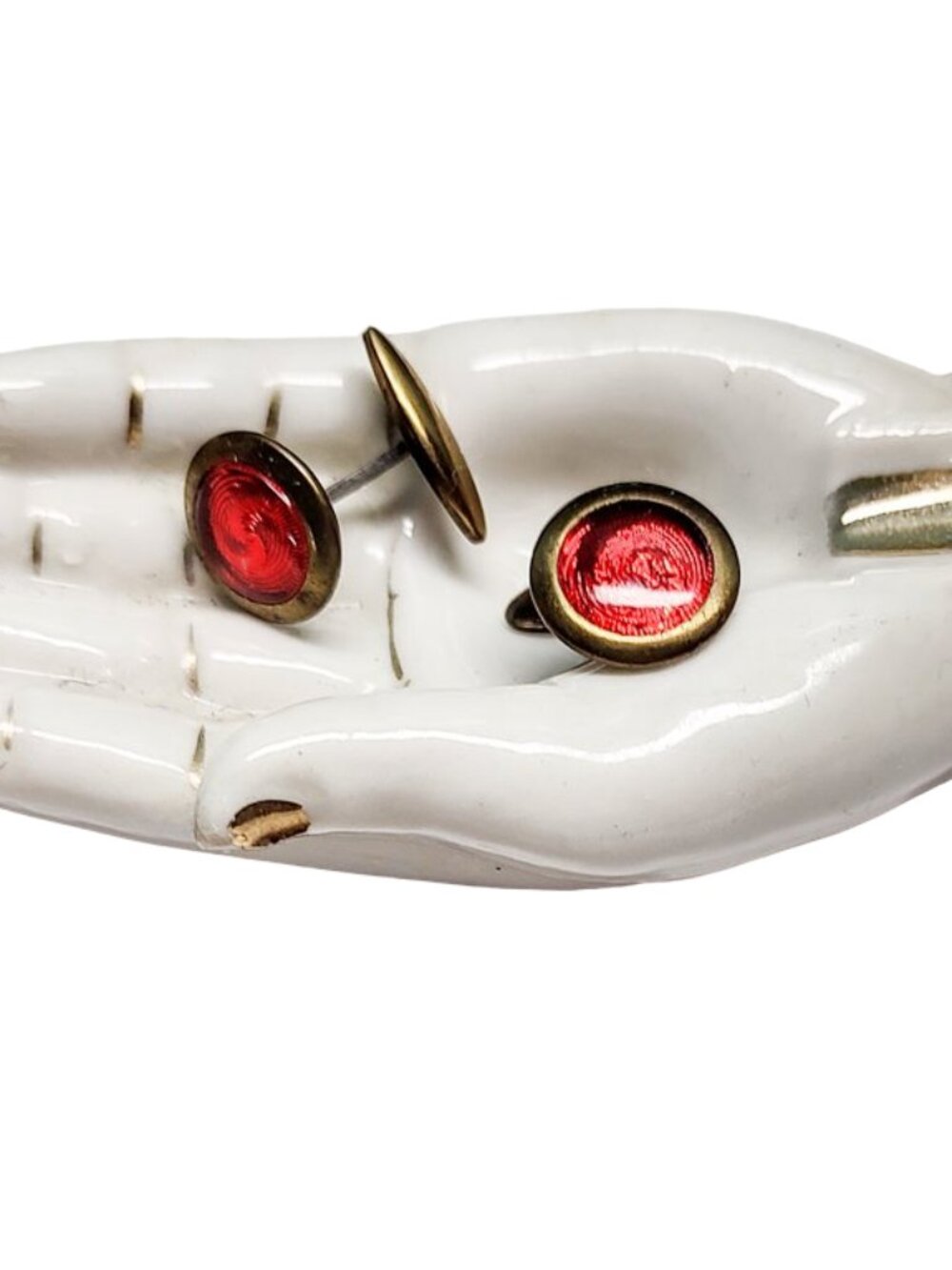Genuine 1930s Deco Vintage Red Swirled Glass Small Round Cuff Links
